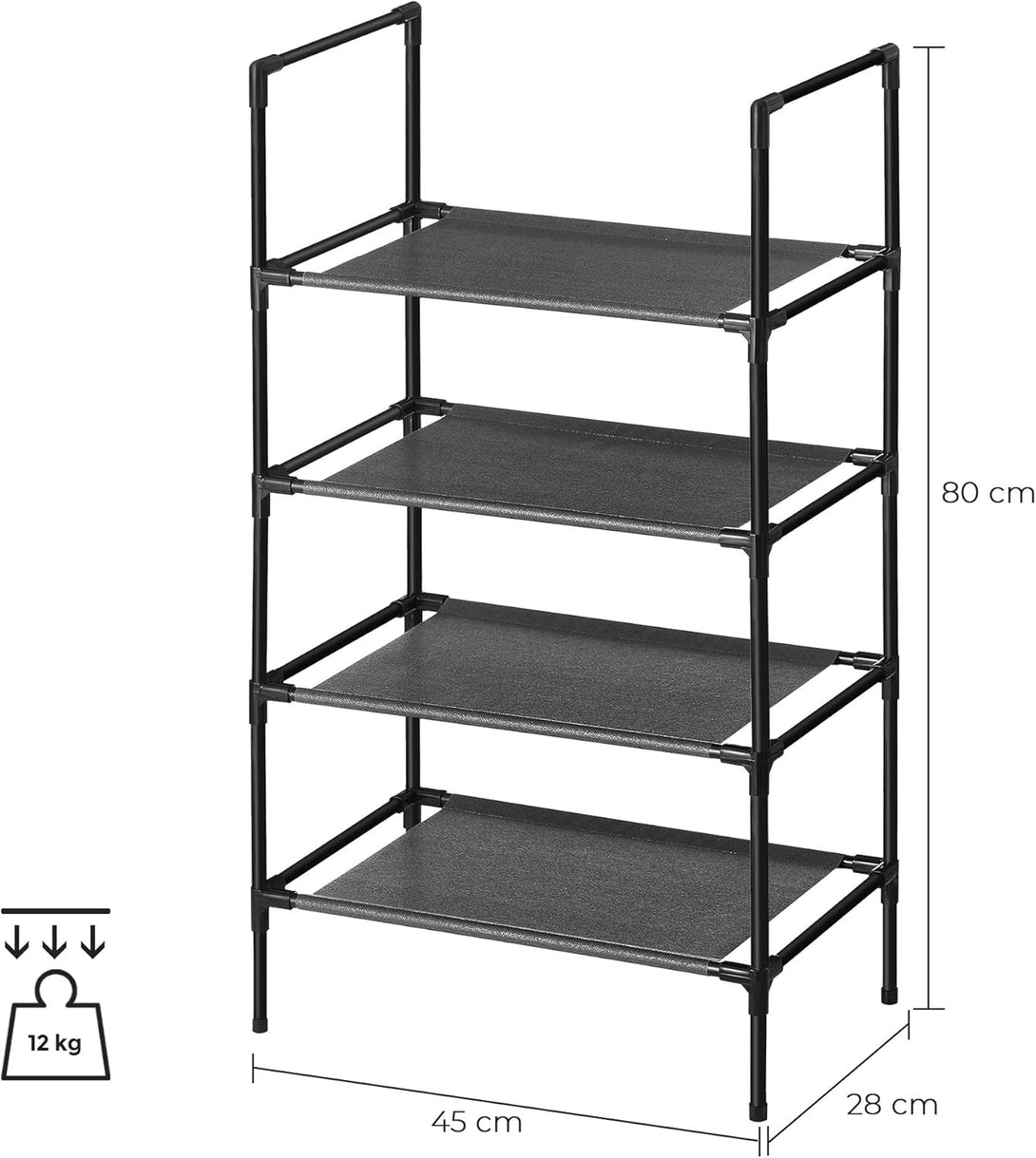Suport pantofi cu 4 rafturi, 28 x 45 x 80 cm, cadru metalic, cu rafturi textile, negru