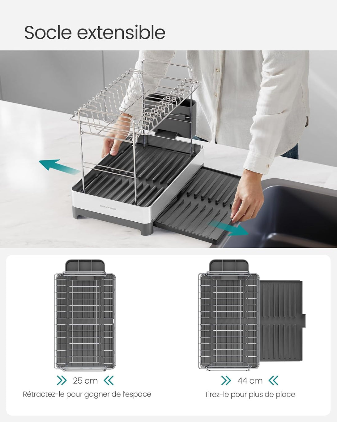 Suport penntru vase cu 2 niveluri extensibil, din oțel inoxidabil, gri-argintiu