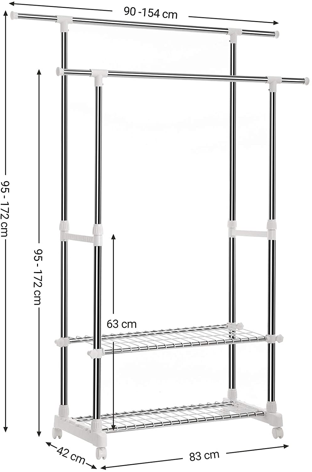 Suport pentru haine dublu cu raft pentru pantofi, capac din oțel inoxidabil, 154 x 42 x 172 cm