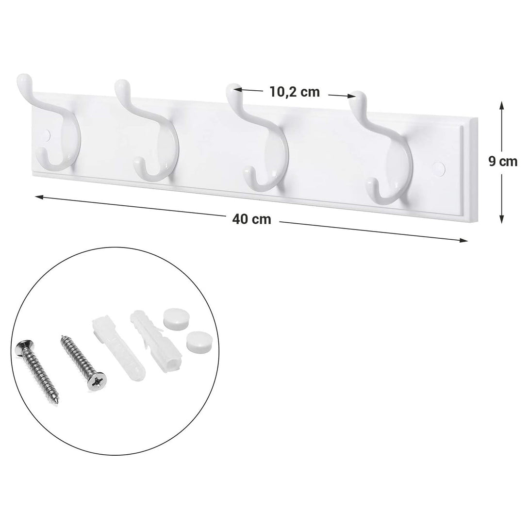 Suport pentru haine montat pe perete cu 4 carlige metalice, 40 x 7 x 9 cm, alb