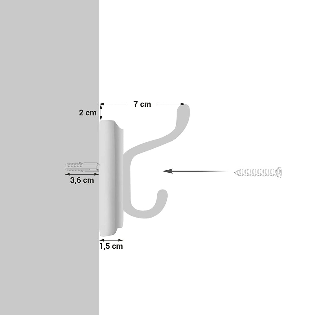 Suport pentru haine montat pe perete cu 4 carlige metalice, 40 x 7 x 9 cm, alb