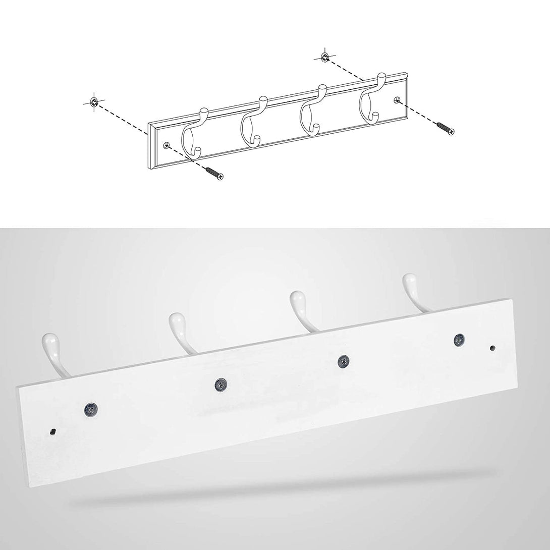 Suport pentru haine montat pe perete cu 4 carlige metalice, 40 x 7 x 9 cm, alb