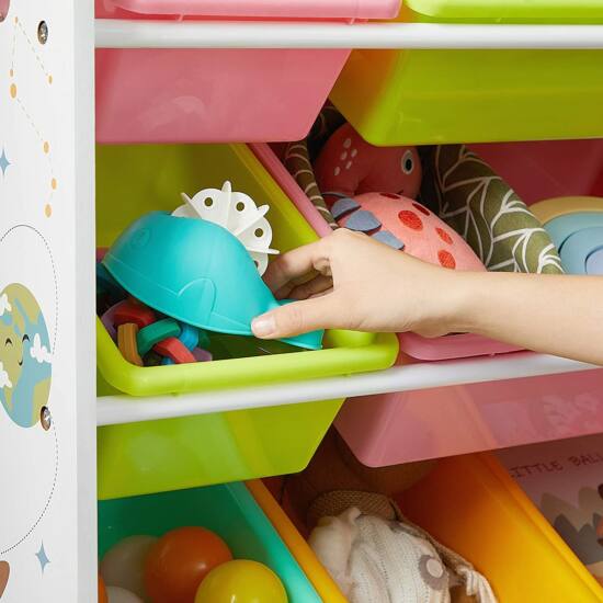 Suport pentru jocuri, organizator pentru jocuri, suport de depozitare cu 16 cutii de plastic
