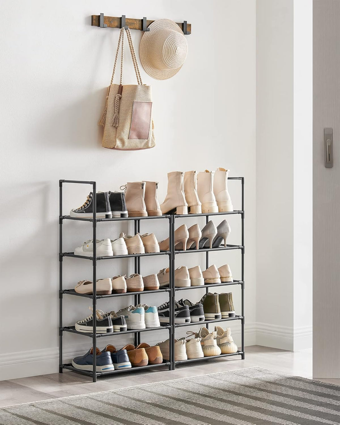Suport pentru pantofi, 10 niveluri, depozitare pantofi îngust, 28x45x173 cm, negru