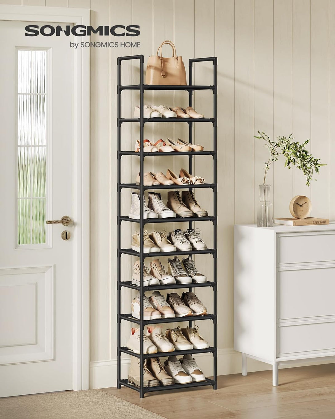 Suport pentru pantofi, 10 niveluri, depozitare pantofi îngust, 28x45x173 cm, negru
