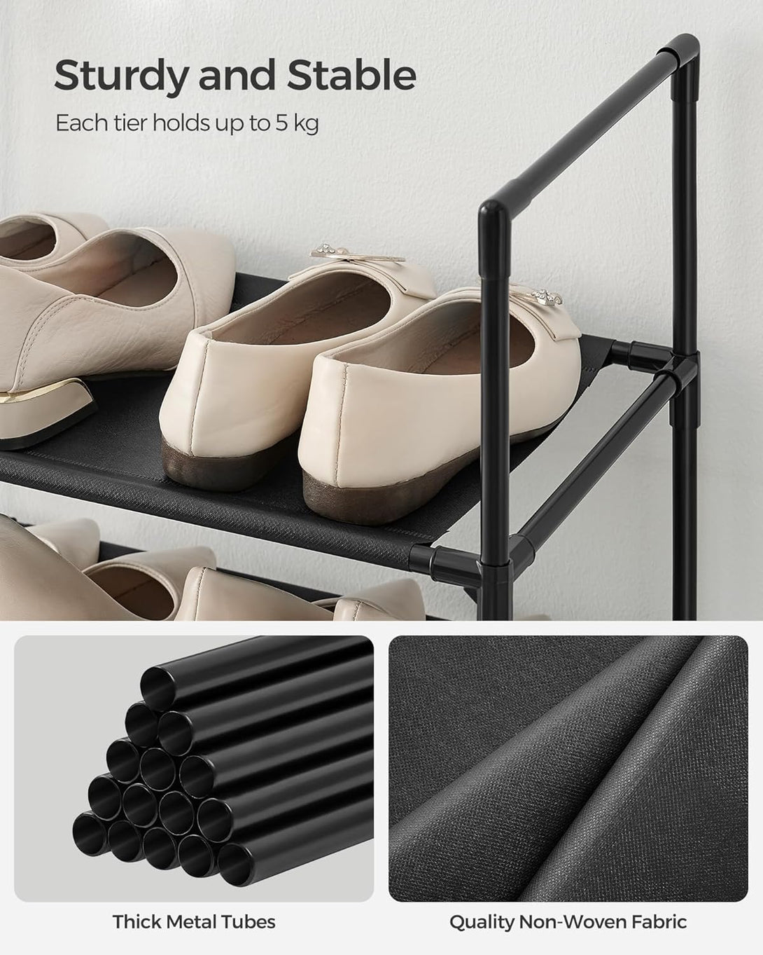 Suport pentru pantofi, 10 niveluri, depozitare pantofi îngust, 28x45x173 cm, negru