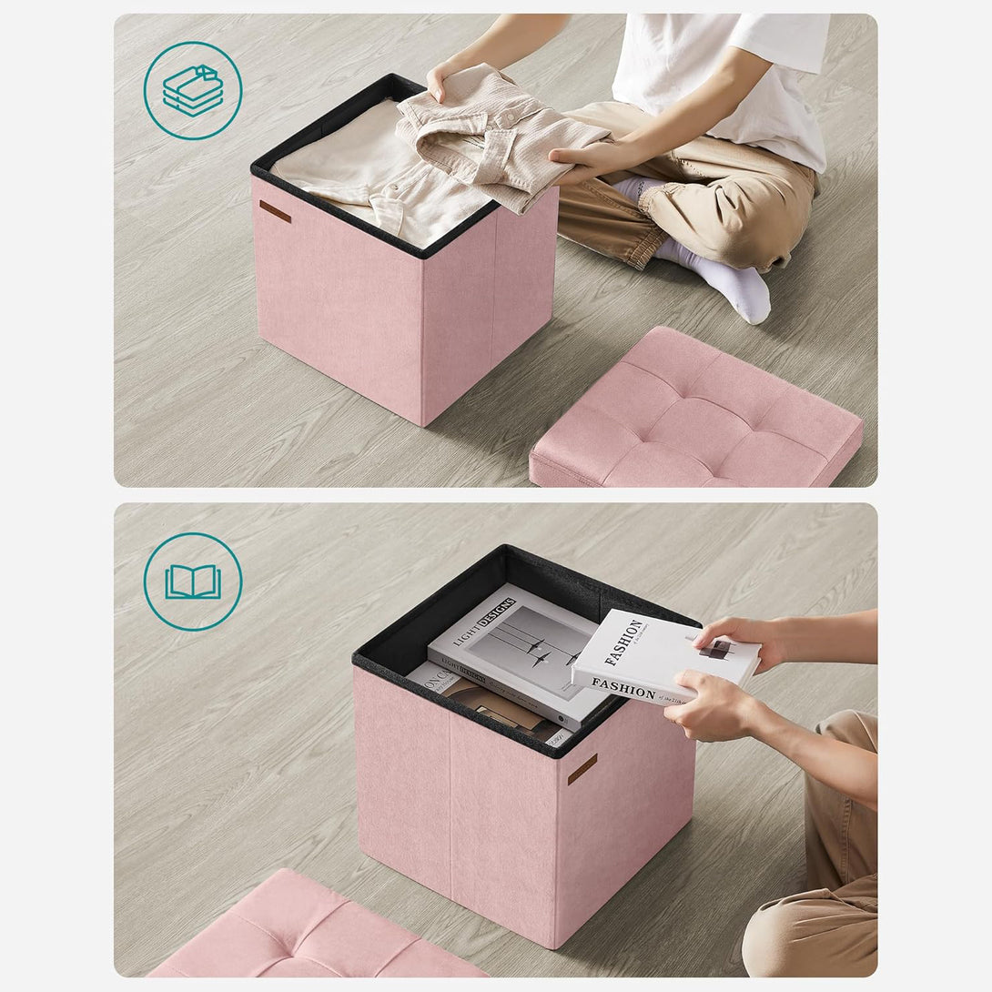 Taburet cu spatiu de depozitare din catifea , roz pastel