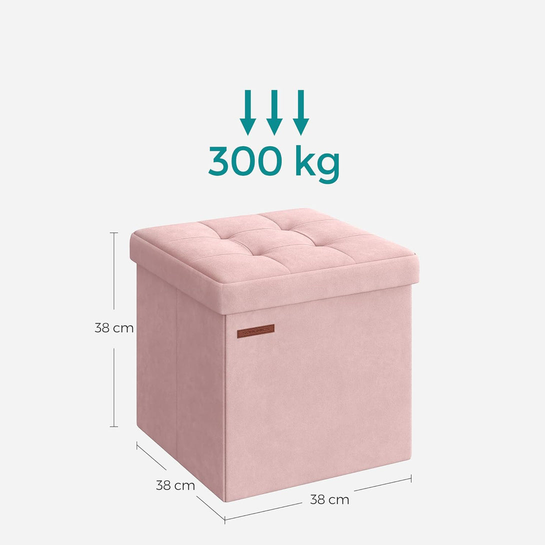 Taburet cu spatiu de depozitare din catifea , roz pastel