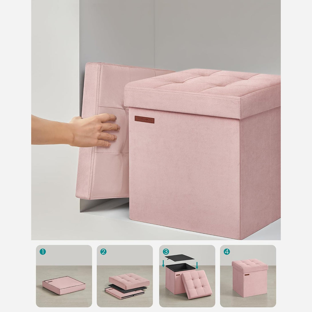 Taburet cu spatiu de depozitare din catifea , roz pastel