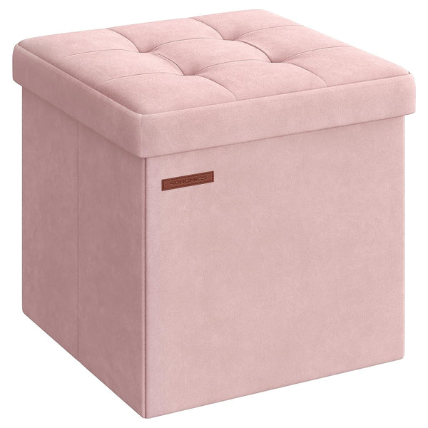 Taburet cu spatiu de depozitare din catifea , roz pastel