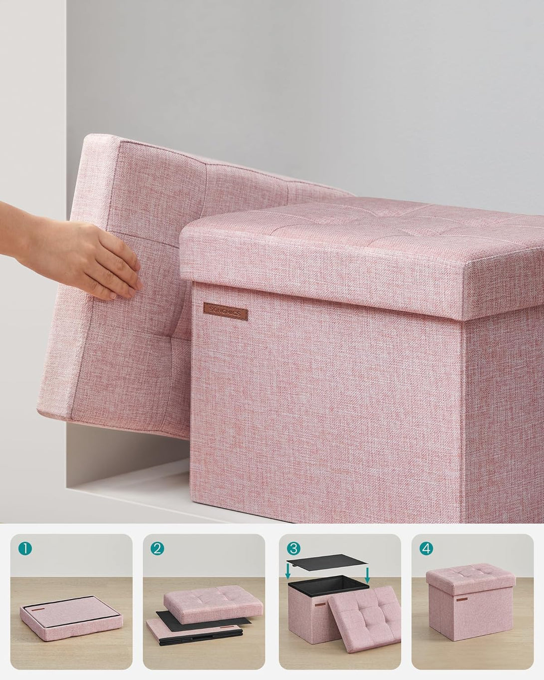 Taburet pliabil cu spatiu de depozitare , roz pastel
