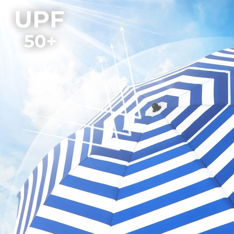 Umbrela de soare 1,6 m ,protecție solară UPF 50+, dungi albastre și albe