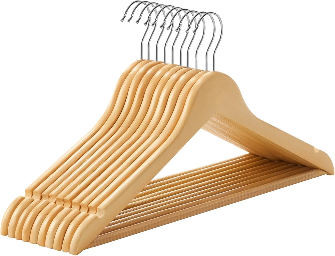 Umerașe din lemn, set de 10, cu bară de pantaloni antiderapantă, maro