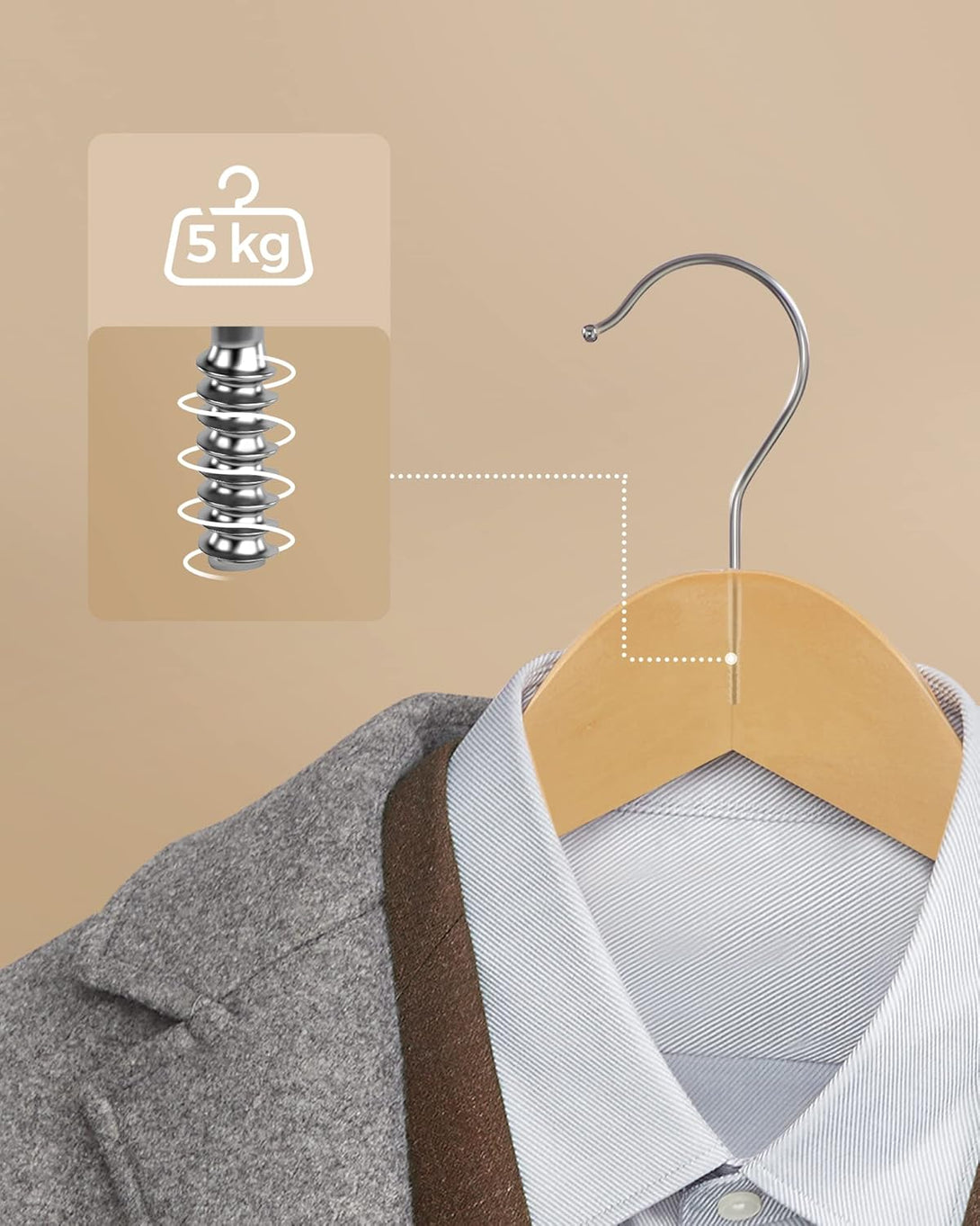 Umerașe din lemn, set de 10, cu bară de pantaloni antiderapantă, maro