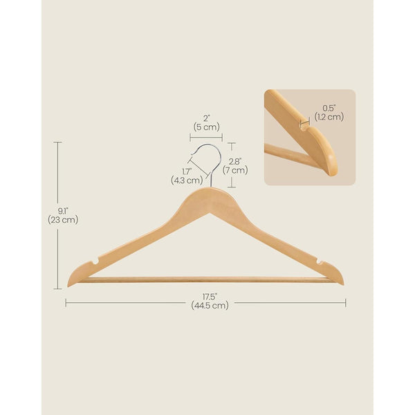 Umerașe din lemn, set de 10, cu bară de pantaloni antiderapantă, maro