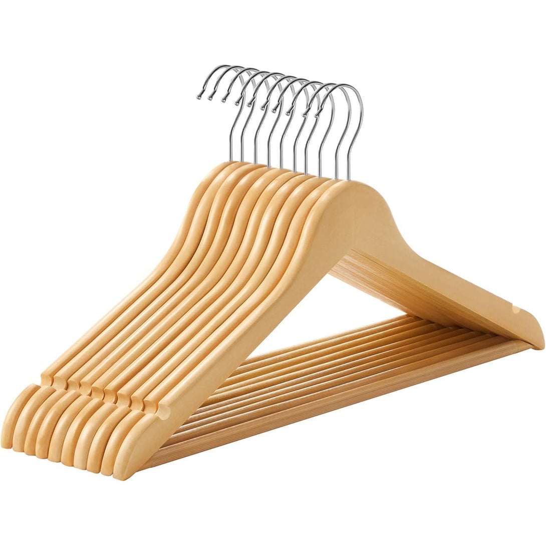 Umerașe din lemn, set de 10, cu bară de pantaloni antiderapantă, maro