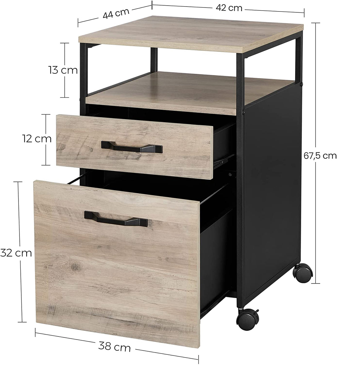 container mobil, Dosar cu 2 sertare, 41 x 66 x 45 cm, gri-negru