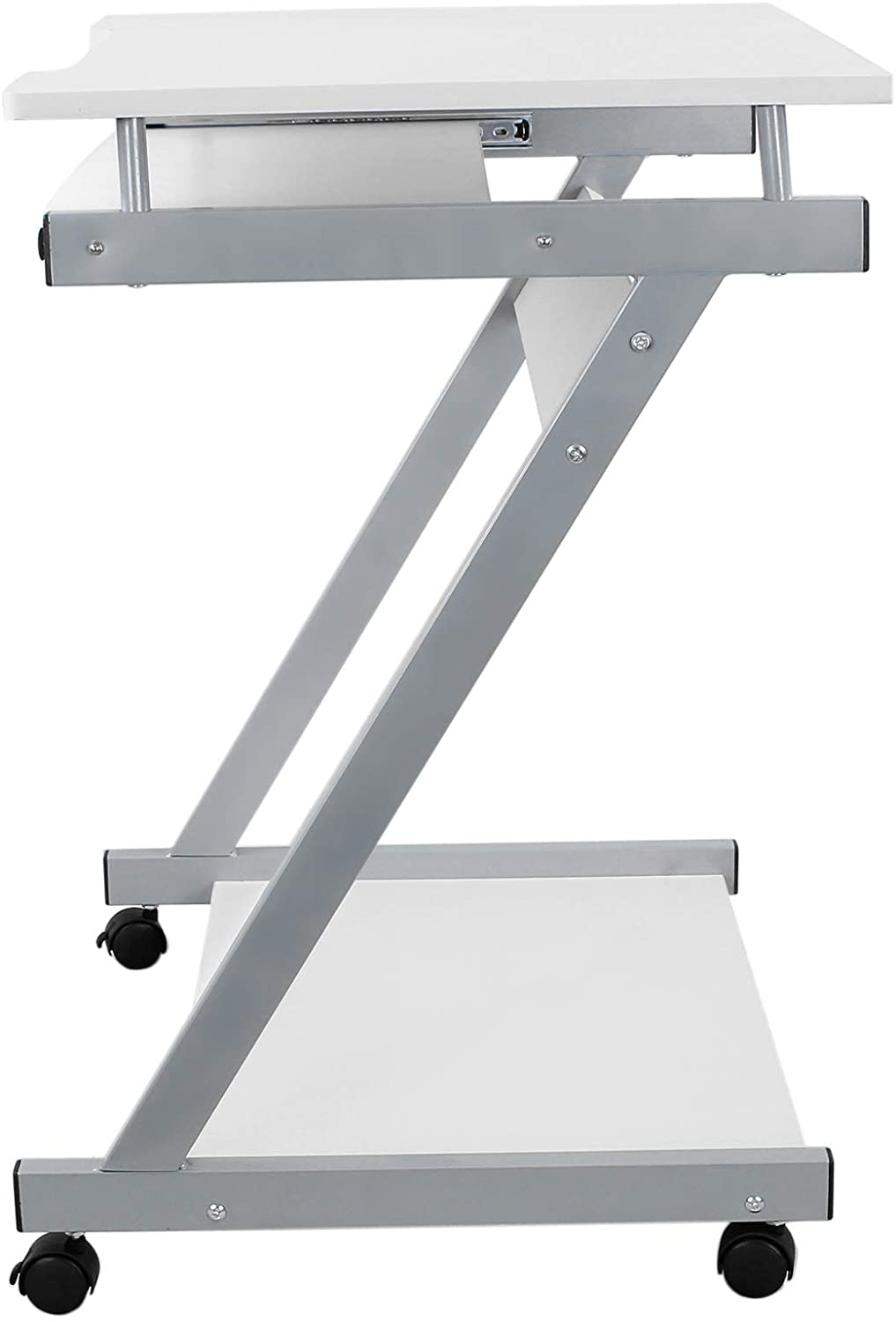 masa computer mobila in forma de Z, cu 4 roti, alba