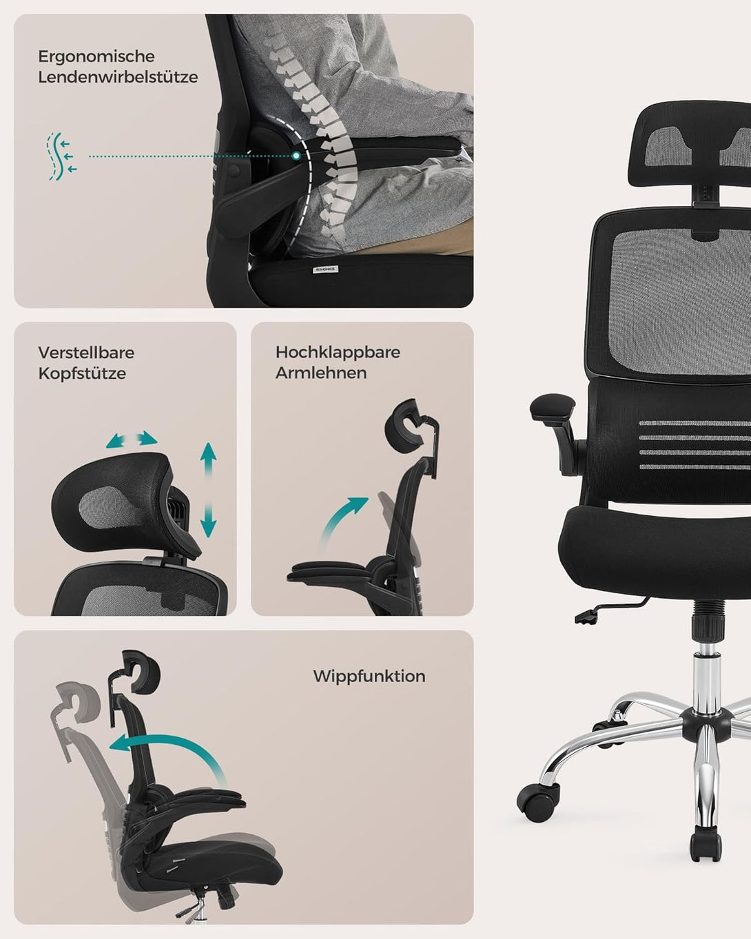 scaun birou, scaun ergonomic plasa cu suport lombar si tetiera reglabila, negru