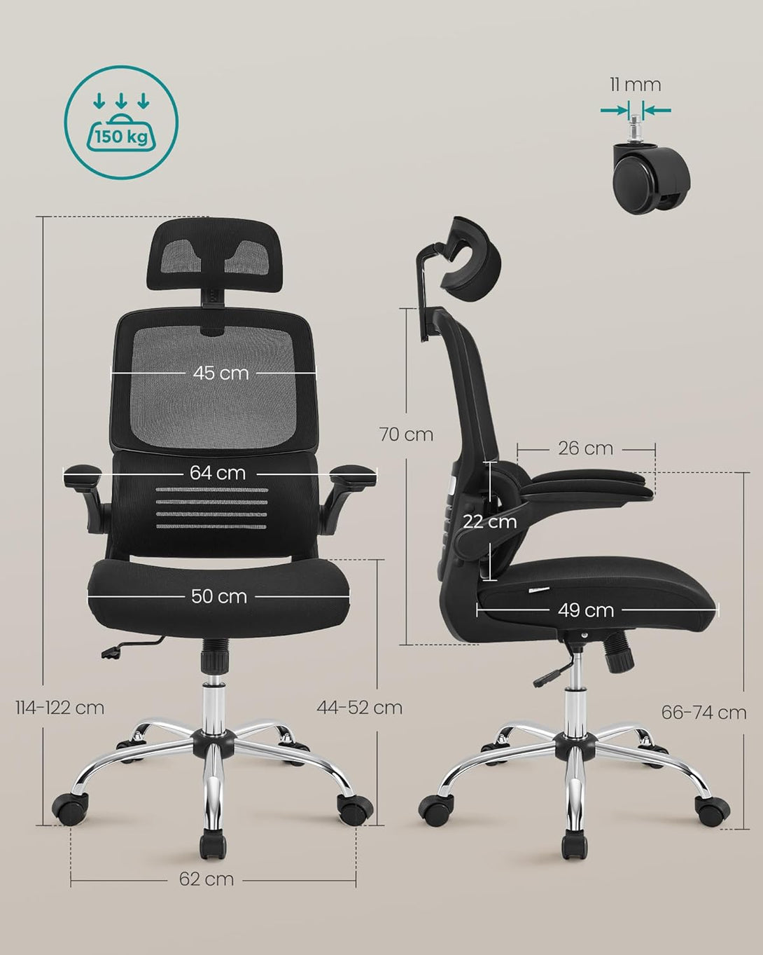 scaun birou, scaun ergonomic plasa cu suport lombar si tetiera reglabila, negru
