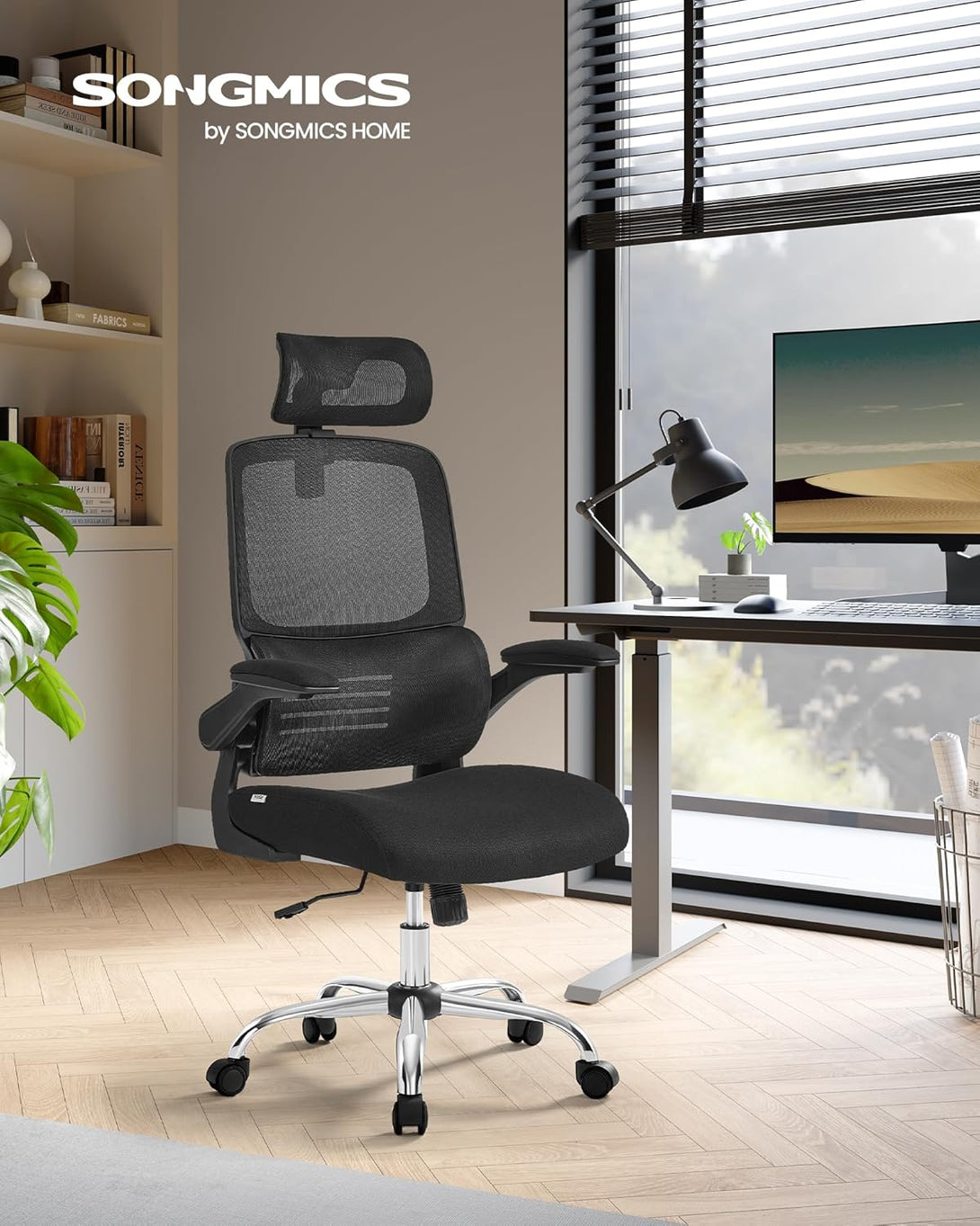 scaun birou, scaun ergonomic plasa cu suport lombar si tetiera reglabila, negru