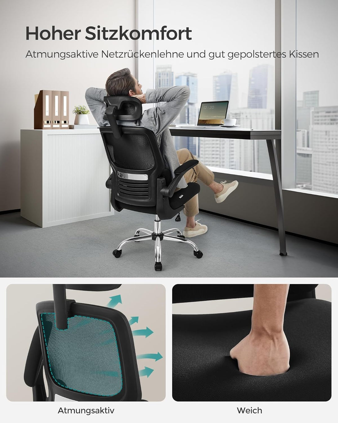 scaun birou, scaun ergonomic plasa cu suport lombar si tetiera reglabila, negru