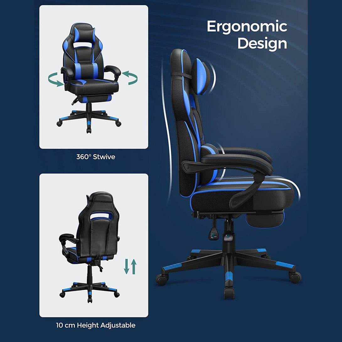 scaun de birou cu tetiera, ergonomic, negru-albastru