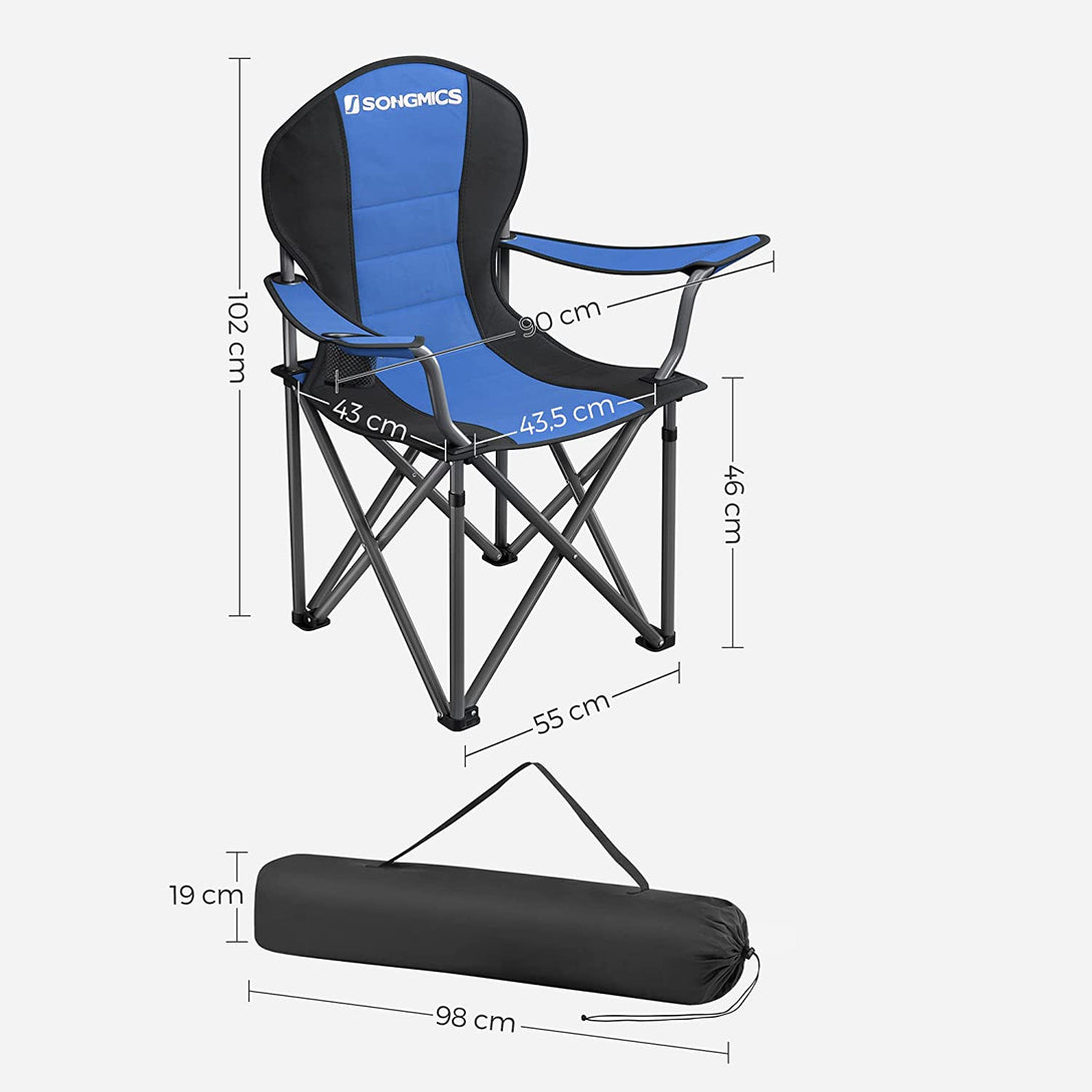 scaun de camping scaun pliant, sezut captusit cu suport sticle, albastru