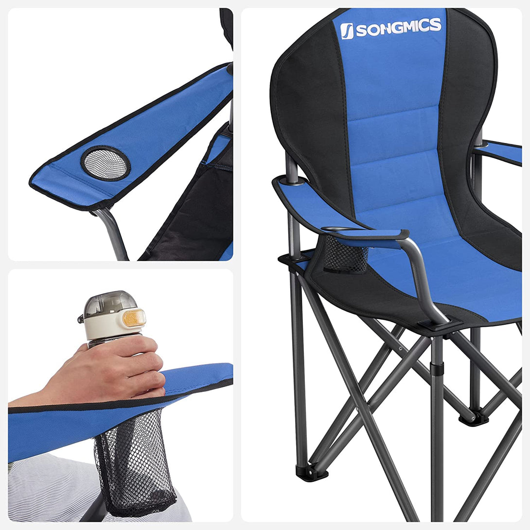 scaun de camping scaun pliant, sezut captusit cu suport sticle, albastru