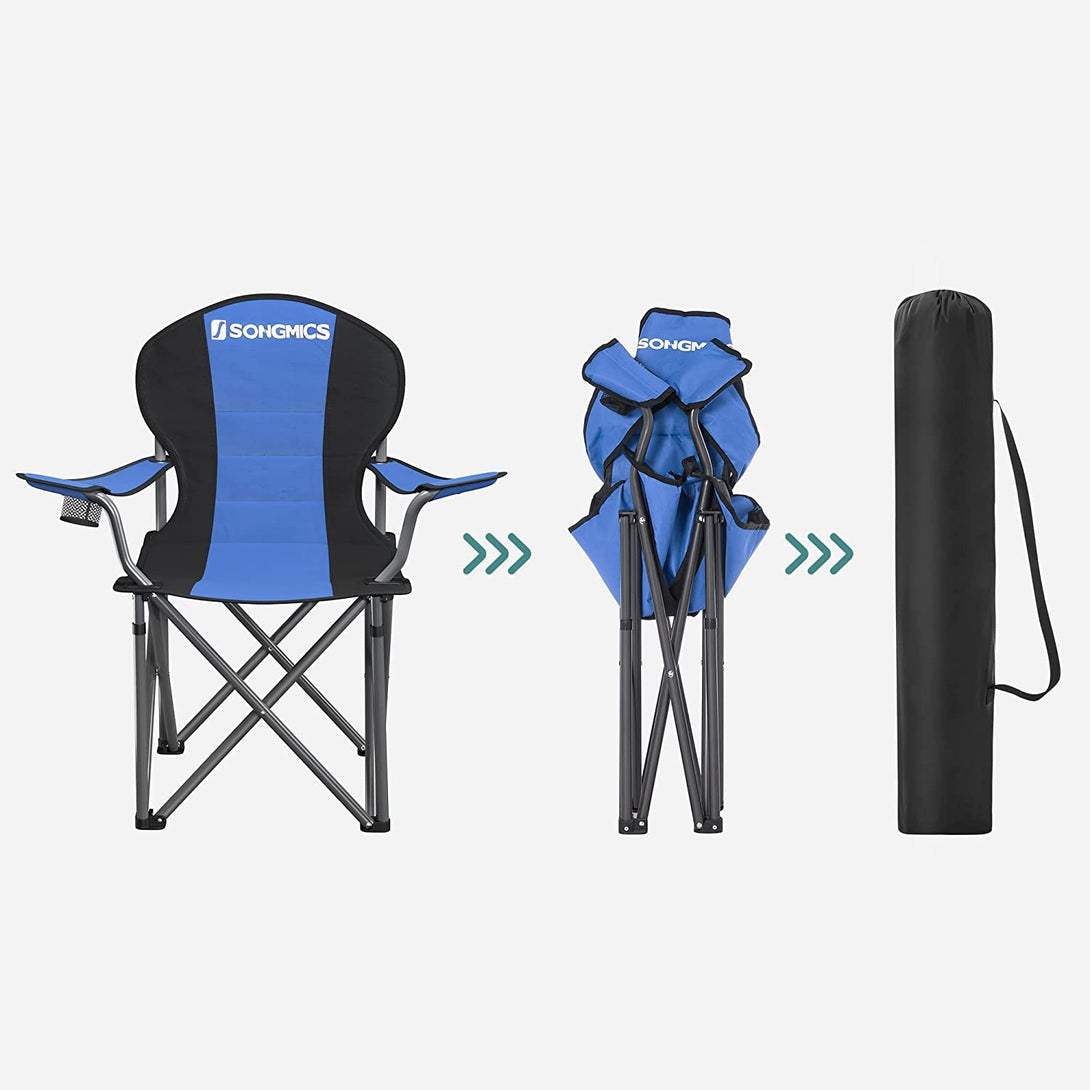 scaun de camping scaun pliant, sezut captusit cu suport sticle, albastru