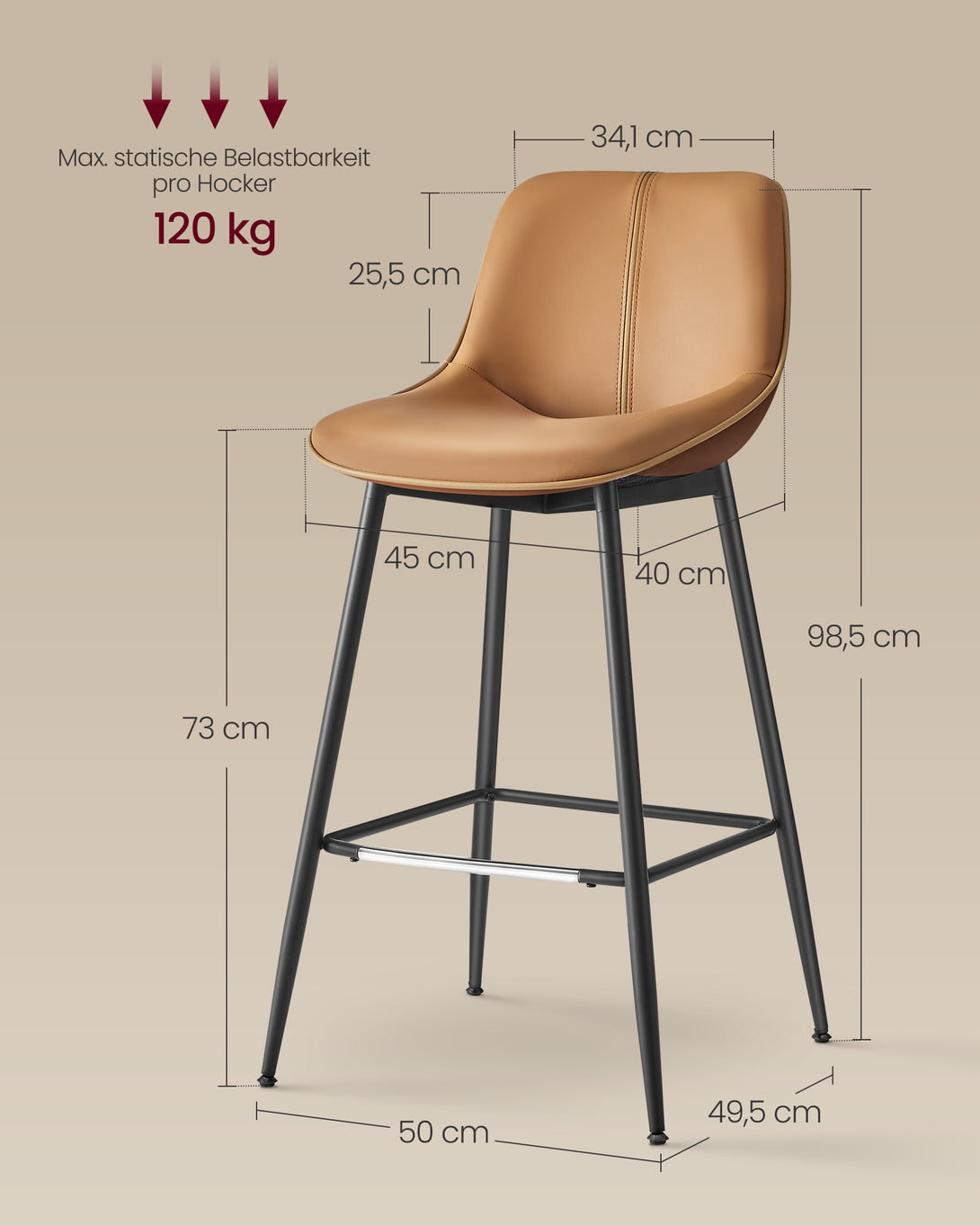 scaune de bar set de 2, cu spatar ergonomic, tapiterie din piele artificiala, inaltime 73 cm, maro camel