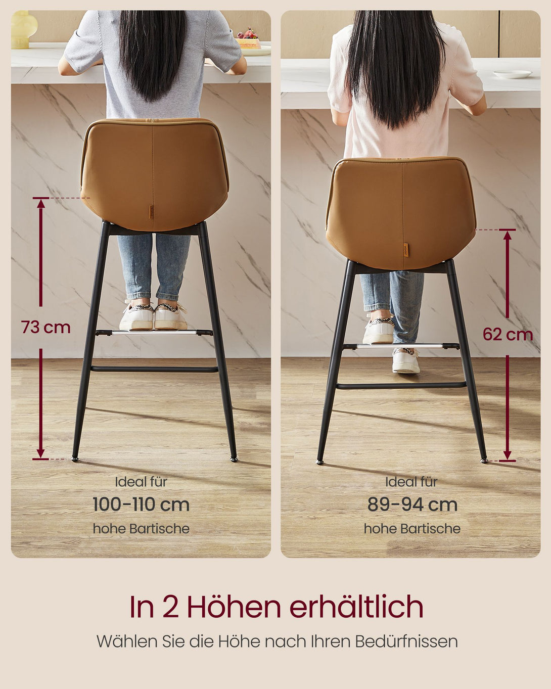scaune de bar set de 2, cu spatar ergonomic, tapiterie din piele artificiala, inaltime 73 cm, maro camel