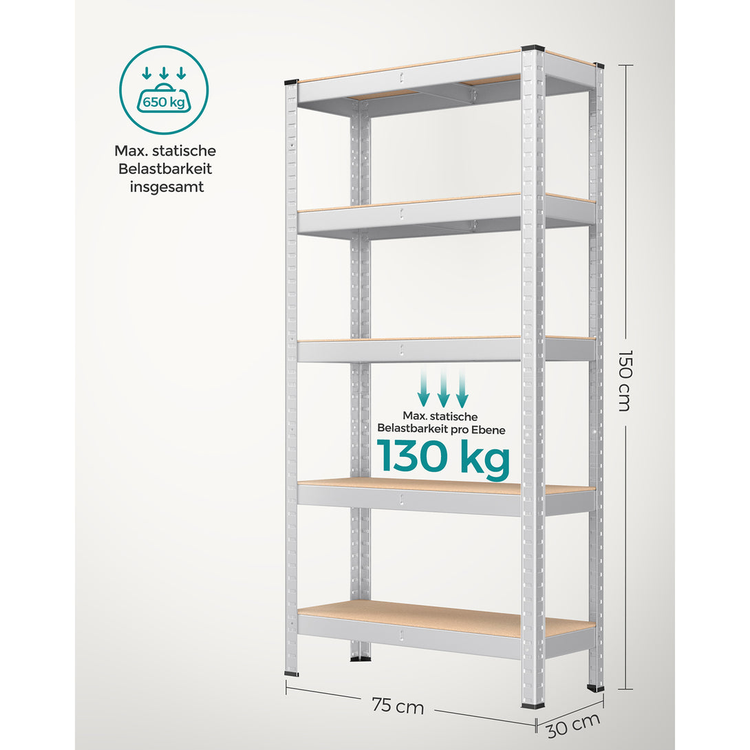 sistem de rafturi pe nivele din oțel pentru depozitare, asamblare fără șuruburi, capacitate de încărcare 650 kg, 30 x 75 x 150 cm, argintiu