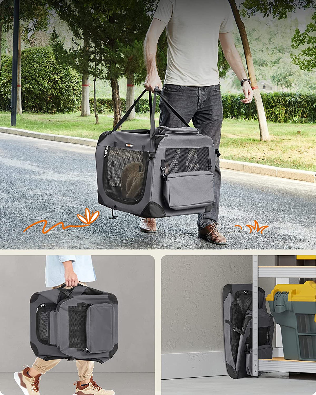 Feandrea Transportor pliabil pentru animale de companie, cutie transport caini 60 x 42 x 42 cm, gri