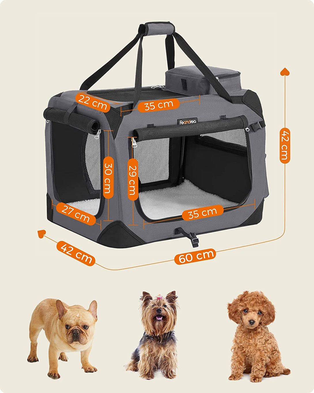 Feandrea Transportor pliabil pentru animale de companie, cutie transport caini 60 x 42 x 42 cm, gri